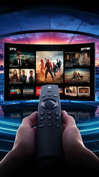 A hand holding a remote control in front of a large TV showing a streaming catalogue